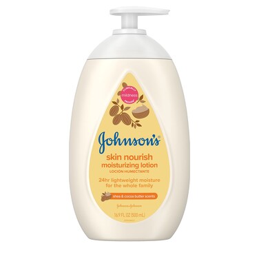 Johnson's Baby Skin Nourish Moisturizing Baby Lotion for Dry Skin with Shea &amp; Cocoa Butter Scents, Gentle &amp; Lightweight Body Lotion for The Whole Family, Hypoallergenic, Dye-Free, 16.9 fl. oz