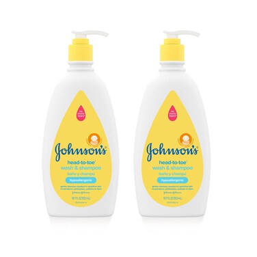Johnson's Baby Head-To-Toe Gentle Baby Body Wash &amp; Shampoo, Tear-Free, Sulfate-Free &amp; Hypoallergenic Bath Wash &amp; Shampoo for Sensitive Baby Skin, Washes Away 99.9% Of Germs, 2 Pack, 18 fl. Oz