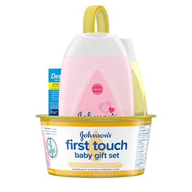 Johnson's First Touch Baby Gift Set, Baby Bath, Skin &amp; Hair Essential Products, Kit for New Parents with Wash &amp; Shampoo, Lotion, &amp; Diaper Rash Cream, Hypoallergenic &amp; Paraben-Free, 4 items
