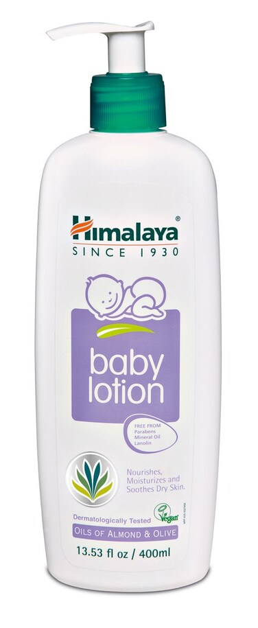 Himalaya Baby Lotion with Olive Oil and Almond Oil, Free from Parabens, Mineral Oil &amp; Lanolin, Dermatologist Tested, 13.53 oz (400 ml)
