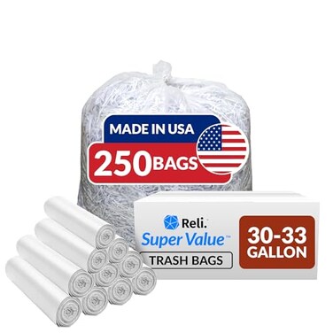 Reli. 30-33 Gallon Trash Bags Heavy Duty   250 Count Bulk   Clear Large Trash Bags 30+, 32 Gallon   Made in USA