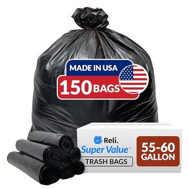 Reli. 55-60 Gallon Trash Bags Heavy Duty   150 Bags   50-60 Gallon   Large Black Garbage   Made in USA