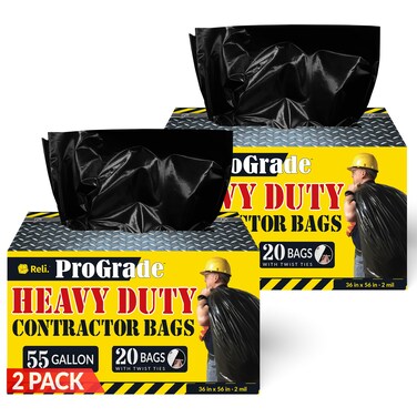 Reli. ProGrade Contractor Trash Bags 55 Gallon   40 Bags w/Ties   Heavy Duty   2 Mil   Black   Construction