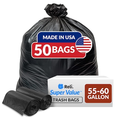Reli. 55-60 Gallon Trash Bags Heavy Duty   50 Bags   50-60 Gallon   Large Black Garbage   Made in USA