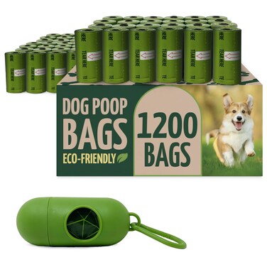 Reli. Biodegradable Dog Poop Bags w/Holder (1200 Count - 80 Rolls Bulk)   Leash Clip Dispenser   9x13" Large Dog Bags for Poop   Green Eco-Friendly Oxobiodegradable Waste Disposal Refills (Unscented)