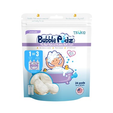 TruKid Bubble Podz Bubble Bath for Baby &amp; Kids, Gentle Refreshing Bath Bomb for Sensitive Skin, pH Balance 7 for Eye Sensitivity, Natural Moisturizers and Ingredients, Lavender (24 Podz)