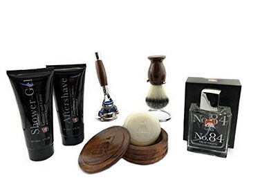 G.B.S Men's Shaving Set- Wet Shaving Set with Wood Razor, Wood Bowl, Soap &amp; Syentheic Brush with Stand, 5 Blade Sleek Razor, No. 84 Gentlemen's Cologne, Lavender Aftershave, Shower Gel!