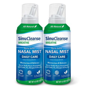 SinuCleanse Daily Care Sterile Saline Nasal Spray, Ultra Fine Mist, Instantly Moisturizes &amp; Relieves Everyday Nasal Congestion Due to Colds &amp; Dry Air, 4.5 Oz (2 Pack), Made in USA