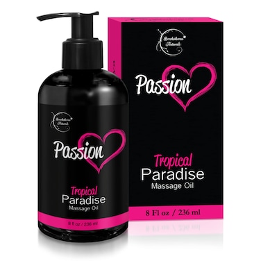 Passion Sensual Massage Oil for Date Night   100% Natural Body Oil for Couples with Jojoba &amp; Almond   Aromatherapy &amp; Relaxing Massage Therapy   Perfect Glide &amp; Smooth Skin   Tropical Paradise Scent