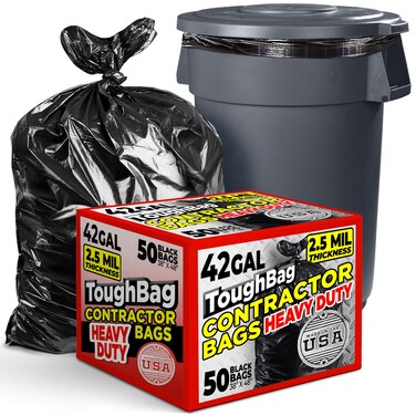 ToughBag 42 Gallon Trash Bags, 2.5 Mil Contractor Garbage Bags (50 COUNT) Heavy Duty Black Garbage Can Liners, 38 x 48" - Construction, Lawn, Industrial, Leaf - Made in USA