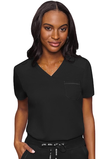 Med Couture Women's V-Neck Scrub Top, Modern Fit Tuck-in Top with Stretchy Rib-Knit Shoulders and Chest Pocket - MC7448, Black, Medium