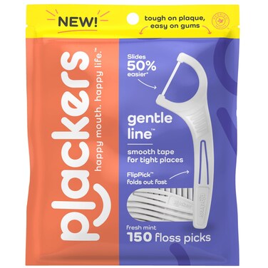 Plackers Gentle Line Floss Picks, Fresh Mint Flavor, Fold-Out FlipPick, QuickFix Grip, Easy Storage with Sure-Zip Seal, 150 Count