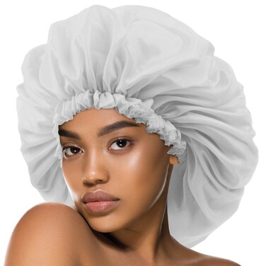 DONNA Argan &amp; Black Castor Treatment Caps Satin Sleep Cap Bonnet Hair Accessories Shower Caps for Women Reusable Waterproof Super Jumbo (White)