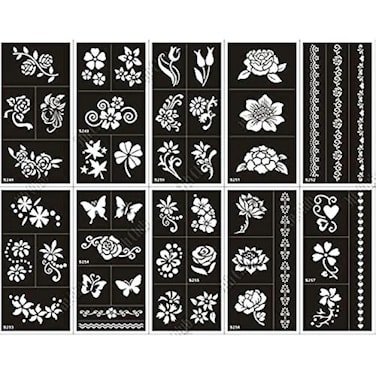 Xmasir Pack of 10 Airbrush Henna Tattoo Stencil for Women Hand Finger Face Body Painting Kids Glitter Tattoo Templates 18 X 8.5cm (1)