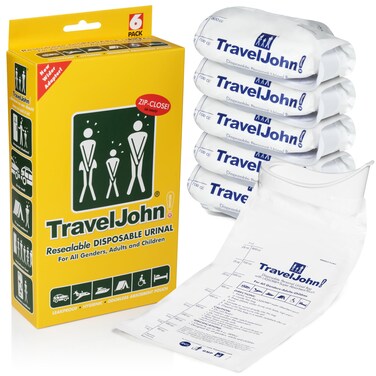 TravelJohn Resealable Disposable Urinal for All Genders, Adults, &amp; Children (TJ1N-C) - 6 Pack