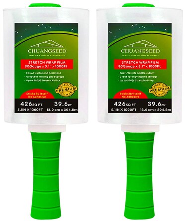 2-Pack Industrial Mini Clear Stretch Wrap Film 80 Gauge 5.1" 1000ft for Pallet Wrap with Plastic Handle,Durable Self-Adhering Packing,Moving,Packaging,Heavy Duty Shrink Film Chuangseed
