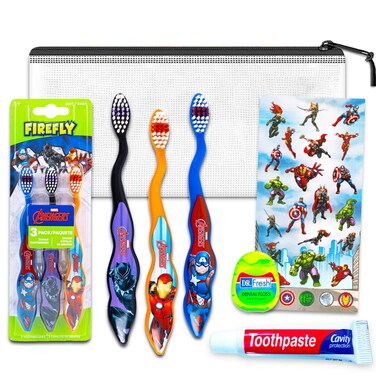 Avengers Toothbrush Travel Set for Kids - Bundle with 3 Avengers Toothbrushes, Kids Toothpaste, Floss, and More   Avengers Toothbrush Oral Travel Kit for Kids