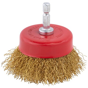 Red Cup Brush 2.5 Inch with Hex Mandrel .016 Brass Coated Wire