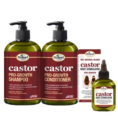 Difeel 3-PC Castor Pro-Growth Hair Growth: Cleansing &amp; Treatment Set - Includes 12 oz Shampoo, 12oz Conditioner, &amp; 2.5oz Root Stimulator