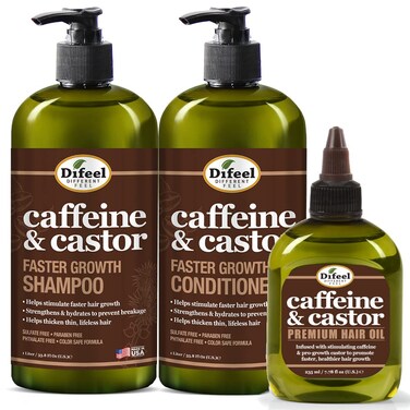 Difeel Caffeine &amp; Castor Shampoo, Conditioner and Hair Growth Oil Set - with Shampoo, Conditioner, and Hair Oil