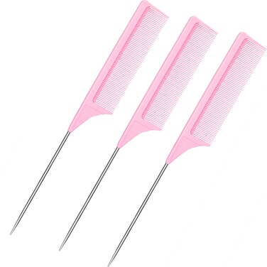 3 Packs Rat Tail Comb Steel Pin Rat Tail Carbon Fiber Heat Resistant Teasing Combs with Stainless Steel Pintail (Pink)