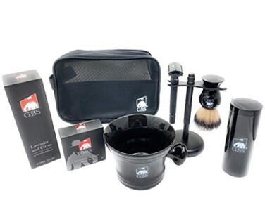 G.B.S Grooming Gift Set - Black Adjustable Double Edge Safety Razor, Shaving Mug, Shave Brush Razor Stand, Razor, Travel Toiletry Bag, Lavender Aftershave Balm and Natural Shaving Soap