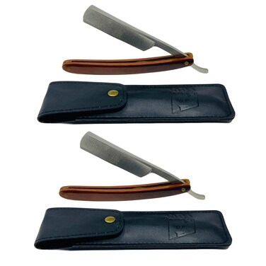 G.B.S Men's Wooden Handle Shaving Straight Razor, Single Edge Stainless-steel Blade Folding Handle, Hard Wood Grain, Leather Protective Razor Case (Pack of 2)