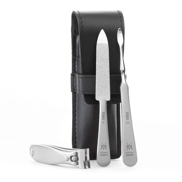 GERMANIKURE 3pc Mens Grooming Kit in Black Leather Case - Made in Solingen Germany of FINOX Stainless Steel: Fingernail Clipper, Nail Cleaner, and Sapphire Nail File