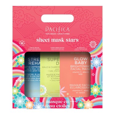 Pacifica Face Sheet Mask Gift Set -Preppy Skincare for Holidays &amp; Stocking Stuffers Face Mask Makeup Gift Set for Woman Teens &amp; Girls Christmas Gifts Glow Baby, Super Green Detox &amp; Stress Rehab 3 Pack