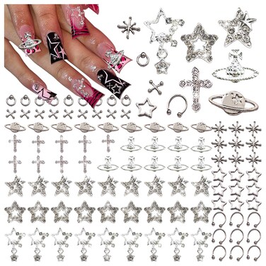 BBATT-HAPPY 110PCS Star Nail Charms for Acrylic Nails,Silver Star Planet Cross Alloy Nail Art Decoration, Nail Stones Nail Jewels Accessories for Nail Art Supplies Manicure Craft DIY