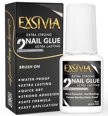 EXSIVIA 2nd Gen Super Strong Nail Glue - Salon Quality, Extra Strength for Acrylic, Press-On, Fake Nails, Quick Dry, Long Lasting, No Dehydrator or Primer Needed - 8ml