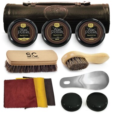 Stone &amp; Clark 12PC Shoe Polish &amp; Care Kit, Leather Shoe Shine Kit with Brown Wax, Shoe Brushes for Polishing, Compact Shoe Cleaning Kit with Horse Hair Brushes &amp; PU