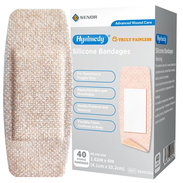 Hysimedy Silicone Bandages Large Size for Sensitive Fragile Skin - 1.63" x 4" 40 Counts - Latex Free Non Allergenic Hypoallergenic Painless Removal Flexible Fabric Bandages