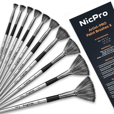 Nicpro Fan Paint Brushes 10 PCS Artist Painting Brush Set Soft Anti-Shedding Nylon Hair Wood Short Handle for Acrylic Watercolor Oil Painting