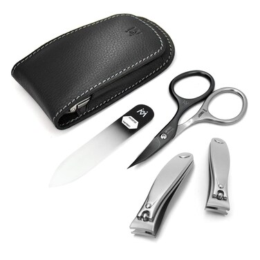 GERMANIKURE 4pc Manicure Set - Handmade in Solingen Germany, FINOX High Carbon Stainless Steel: Nail Clippers, SELF Sharpening Combination Scissors, Czech Glass Nail File in Leather Case