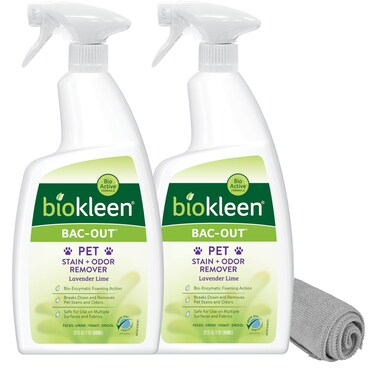 Biokleen Bac-Out Pet Urine Odor Eliminator - 32 Ounce Spray 2 Pack - Enzymatic, Natural, Destroys Stains &amp; Odors Safely, for Pet Stains on Carpets &amp; Furniture - Micro Towel Included