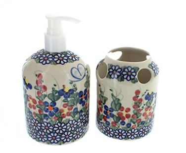 VENA Blue Rose Polish Pottery Garden Butterfly Soap Dispenser &amp; Toothbrush Holder