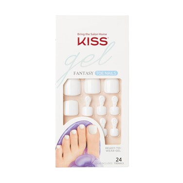 KISS Gel Fantasy Collection Ready-To-Wear Fake Toenails Pedicure Set, Style 'This is Classic', with Mini Nail File, Pink Gel Nail Glue &amp; 28 White Smudge-Proof Glue-On Toenails