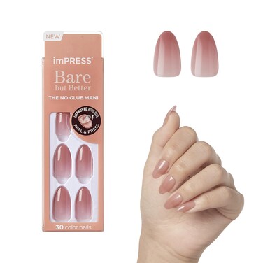 KISS imPRESS No Glue Mani Press-On Nails, Color, 'Serenity', Medium Pink, Medium Size, Almond Shape, Includes 30 Nails, Prep Pad, Instructions Sheet, 1 Manicure Stick, 1 Mini File