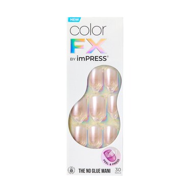 KISS imPRESS No Glue Mani Press-On Nails, Color FX, 'Connection', Light White, Short Size, Squoval Shape, Includes 30 Nails, Prep Pad, Instructions Sheet, 1 Manicure Stick, 1 Mini File