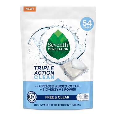 Seventh Generation Triple Action Clean Automatic Dishwasher Detergent Packs with Bio-Enzyme Power, Free &amp; Clear, Fights 48-hour Stuck-on Food, 54 count