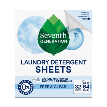 Seventh Generation Laundry Detergent Sheets, Up to 64 Loads, Free &amp; Clear, Made for Sensitive Skin, Safer for your Family