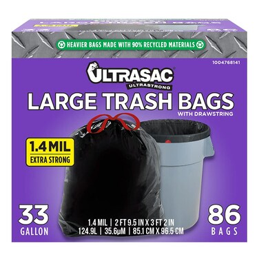 Ultrasac Black Large Heavy Duty Drawstring Trash Bags 33 Gallon 1.4 MIL, 33.5" x 38" - Pack of 86 - For Home, Commercial, Construction, &amp; Outdoor
