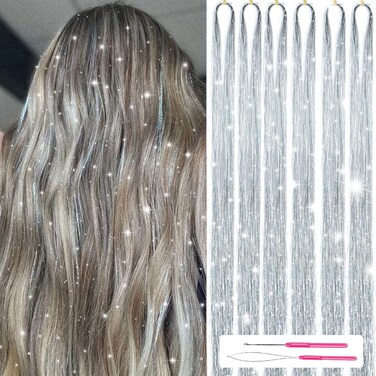 MISSUHUI Hair Tinsel Kit With Tools 48 Inch 1200 Strands Glitter Tinsel Hair Extensions Sparkling Shiny Hair Tinsel Strands Kit Heat Resistant for Women Girls 6Pcs (Silver)