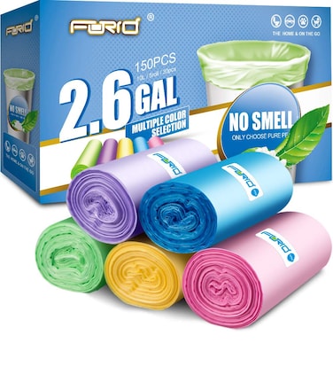 Forid Small Trash Bags for Bathroom - 2.6 Gallon Garbage Bags Unscented,Extra Thick Strong Wastebasket Can Liners for Home Office Bedroom,150 Count 5 Color