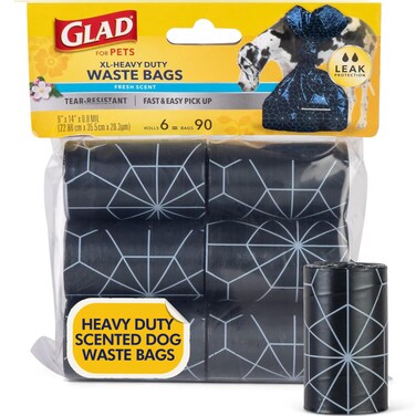Glad for Pets Extra Large Dog Poop Bags 6 Rolls, 90 Count, Fresh Scent - Heavy Duty Scented Poop Bags - Tear Resistant Doggie Poop Bags - Scented Dog Poop Bag Rolls - Black Poop Bags for Dogs