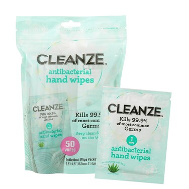 Cleanze Antibacterial Hand Sanitizing Individual Hand Wipe Packets, 50 Unscented Disinfecting Hand Sanitizer Wipes with Aloe for Travel, Kills 99.9% of Germs
