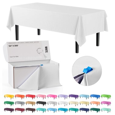Exquisite 54 Inch X 300 Feet White Plastic Table Cover Roll in A Cut - to - Size Box with Convenient Slide Cutter. Cuts Up to 36 Rectangle 8 Feet Plastic Disposable Tablecloths