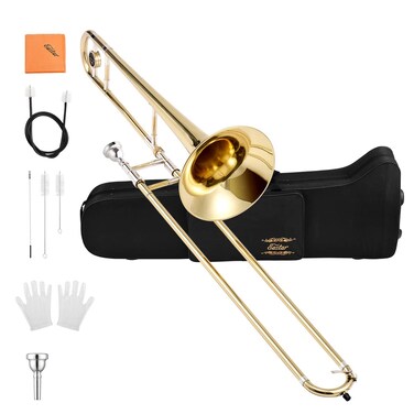 Eastar Bb Tenor Slide Trombone for Beginners Students, B Flat Brass Plated Trombone Instrument with Mouthpiece, White Gloves, Cleaning Kit, ETB-330, Golden