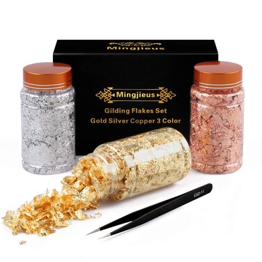 Mingjieus Gilding Flakes Set,Gold Foil Flakes for Resin,3 Bottles Metallic Foil Flakes for Resin Jewelry Making,Nails,Painting Art,Crafts and Slime(Gold, Silver, Copper Colors)